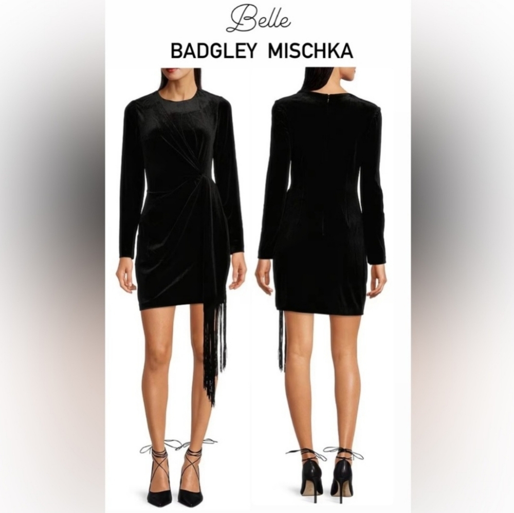 NWT Belle Badgley Mischka Harley Velvet Crew Neck Long Sleeve Fringed Mini Dress